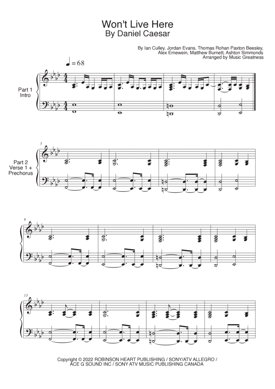 Won't Live Here Piano Solo scores gallery preview page 1