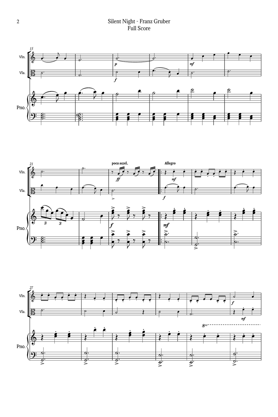 Silent Night for Violin and Viola Duet with Piano String Duet scores gallery preview page 2
