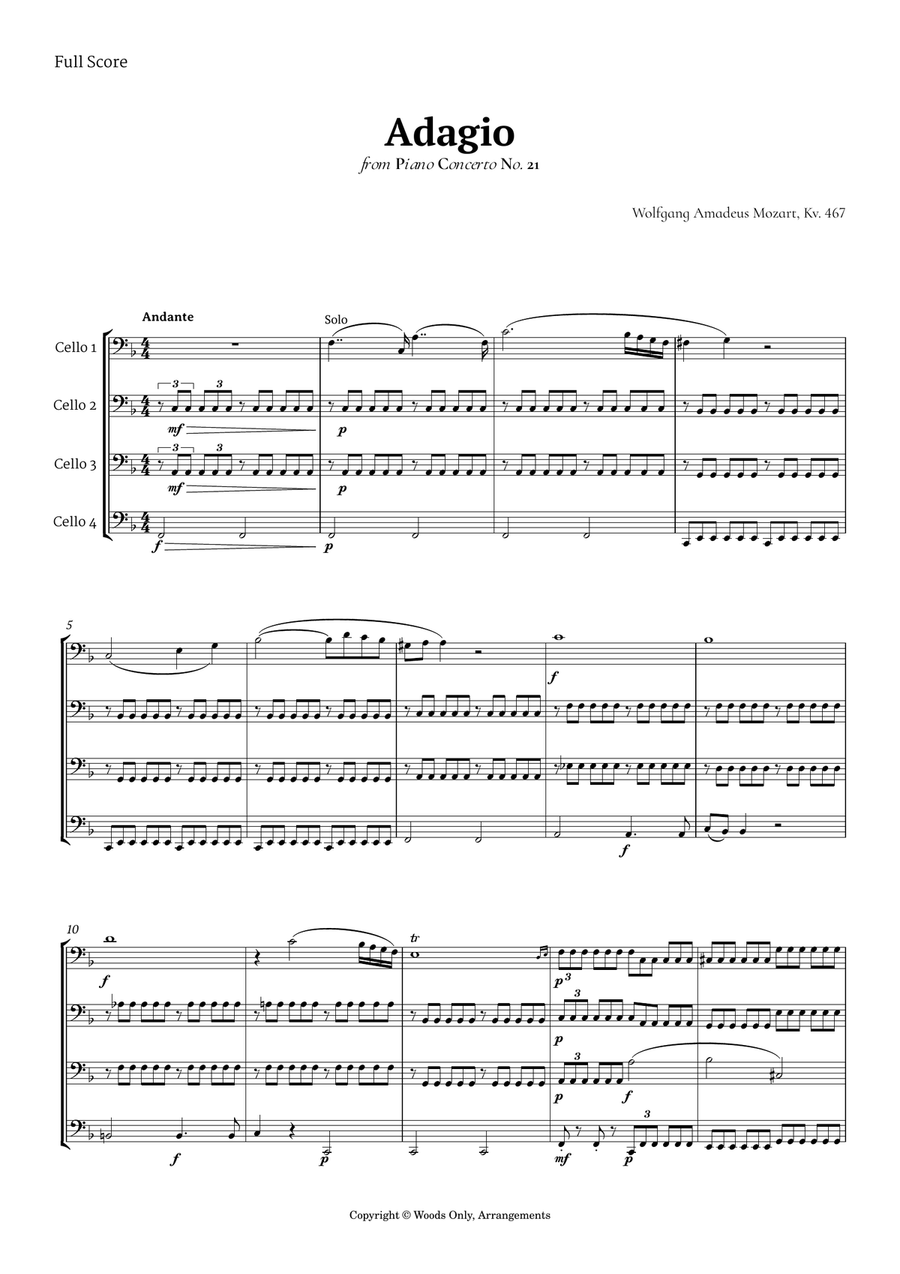 Andante from Piano Concerto No. 21 by Mozart for Cello Quartet String Quartet scores gallery preview page 1