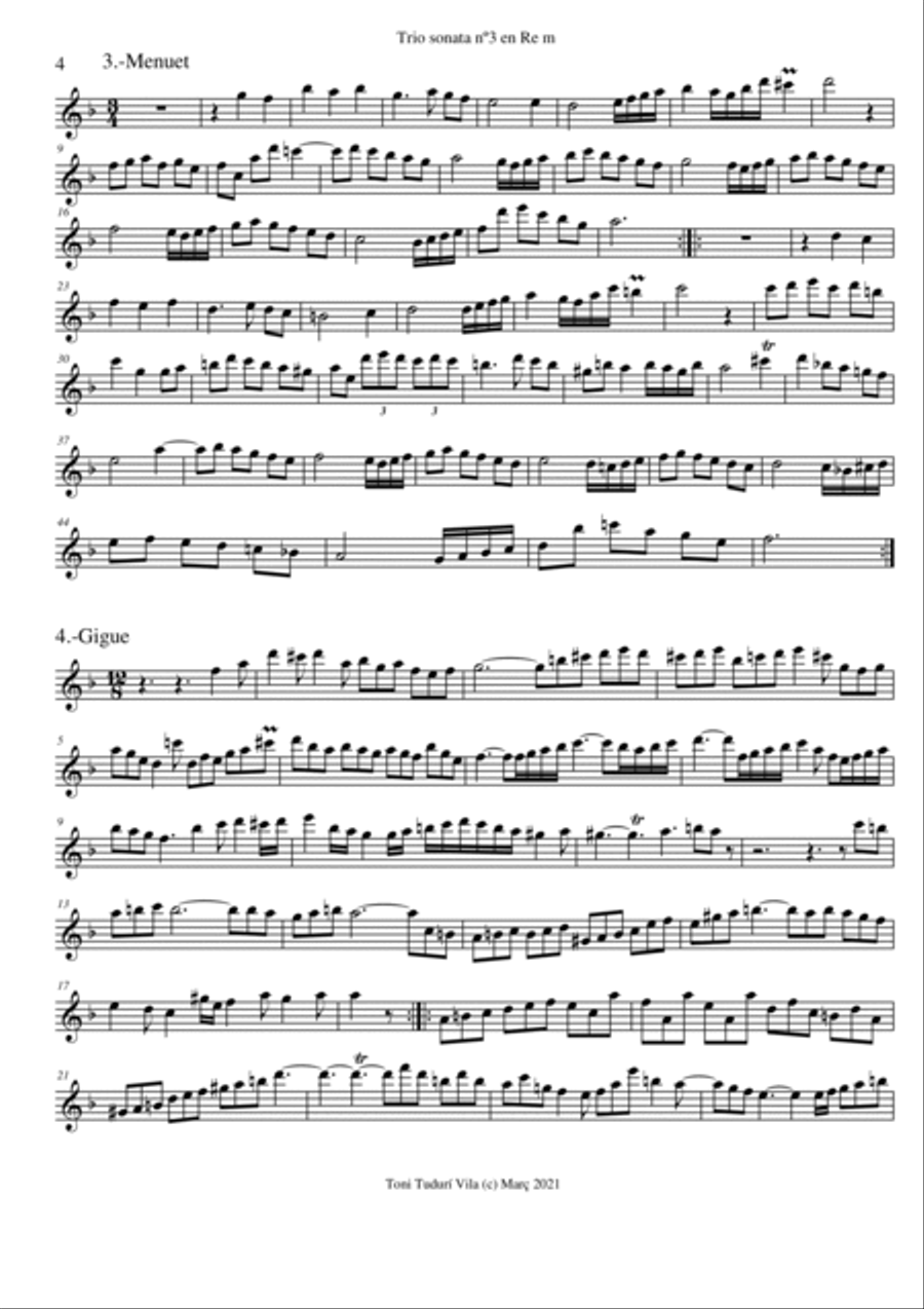 Trio sonata nº3 in D minor for flute, violin & cello or 2 violins & cello and basso continuo (PARTS Small Ensemble scores gallery preview page 4
