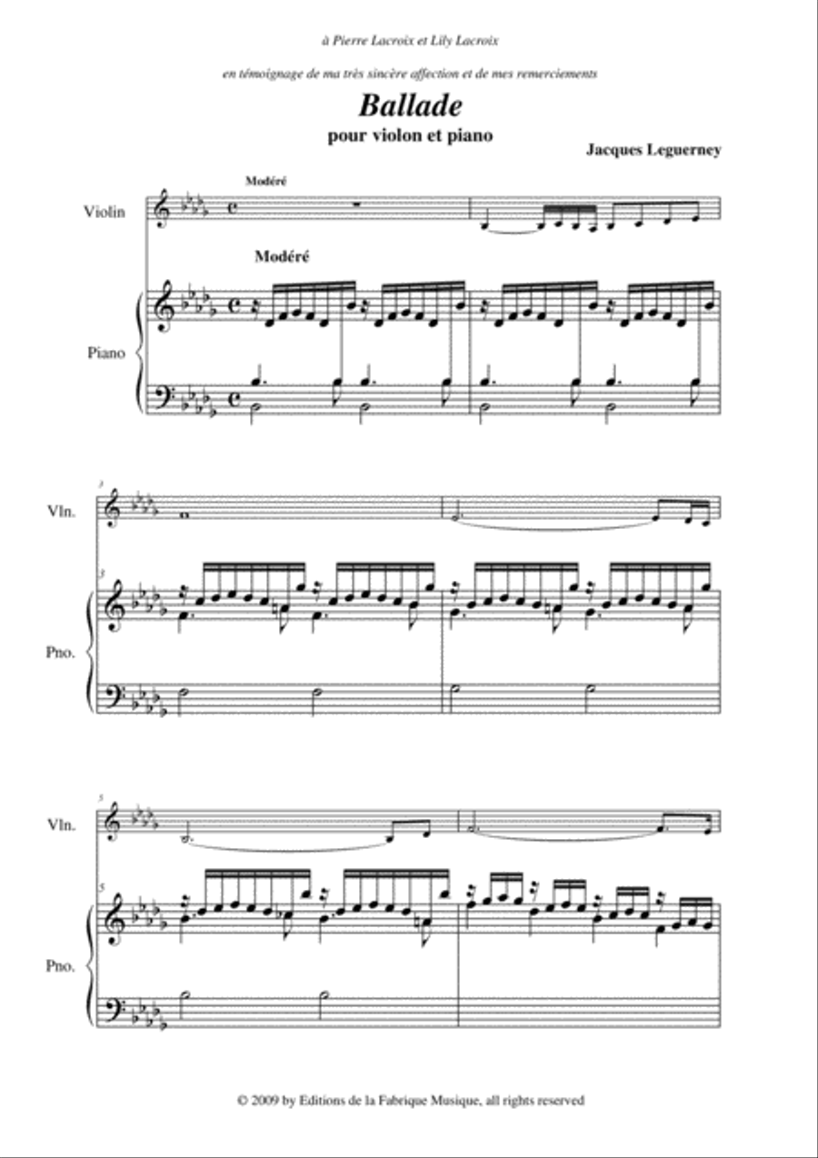 Jacques Leguerney: Ballade for violin and piano Violin Solo scores gallery preview page 2