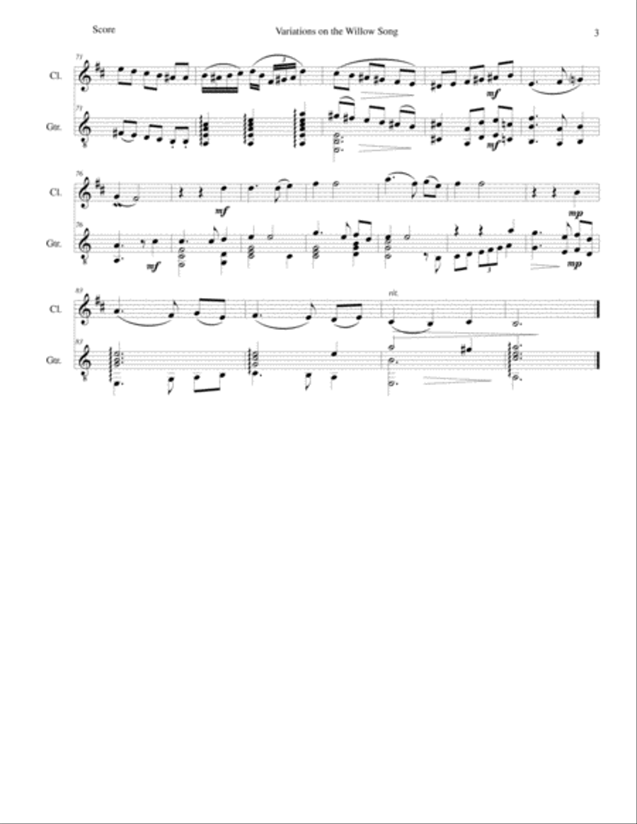 Variations on the Willow Song for clarinet and guitar Clarinet scores gallery preview page 3