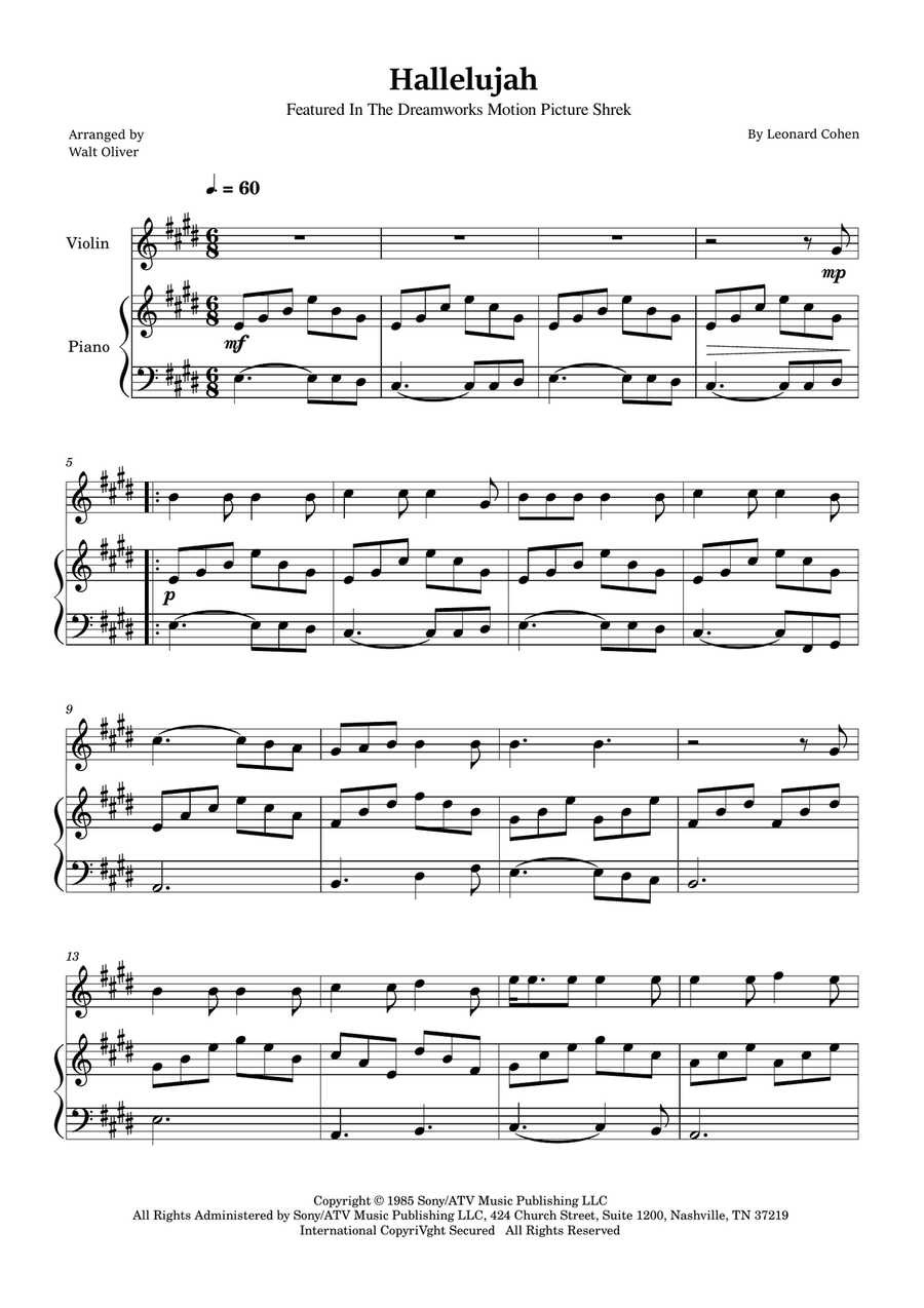 Hallelujah Violin Solo scores gallery preview page 1