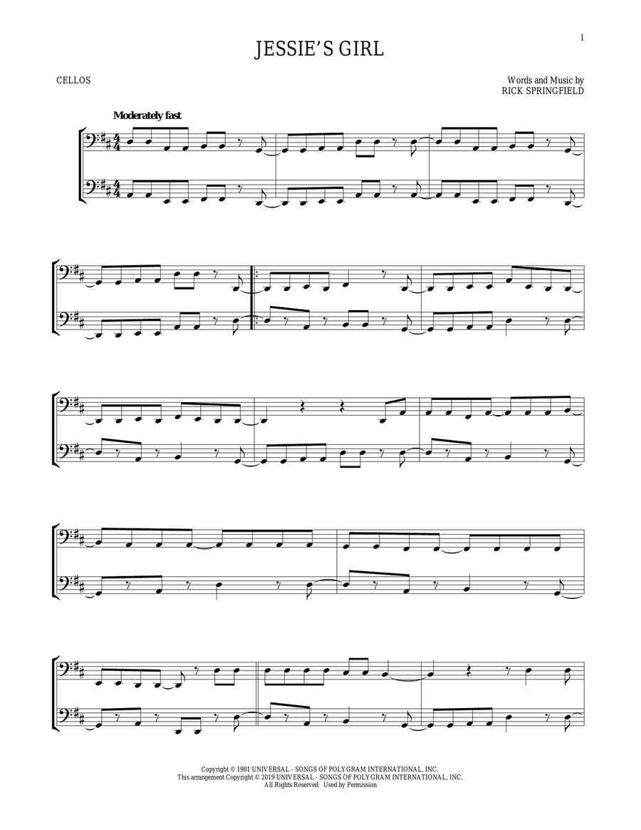 Jessie's Girl String Duet scores gallery preview page 1