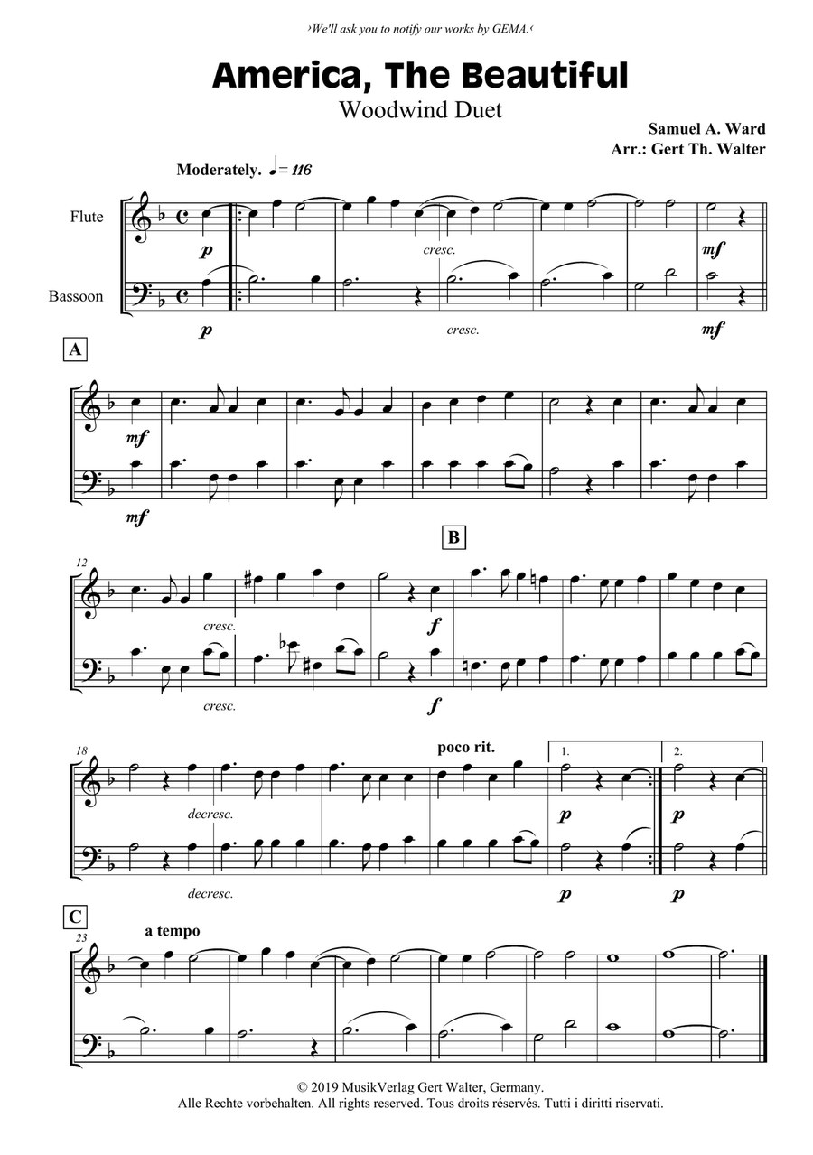 America, The Beautiful Woodwind Duet scores gallery preview page 1