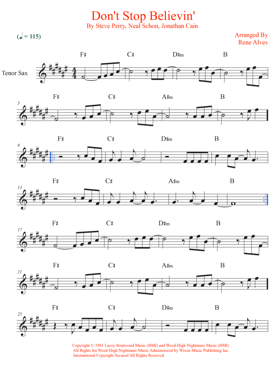 Don't Stop Believin' Tenor Saxophone scores gallery preview page 1