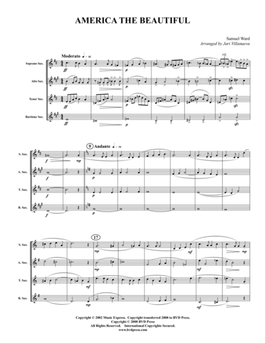 America the Beautiful Saxophone Quartet scores gallery preview page 1