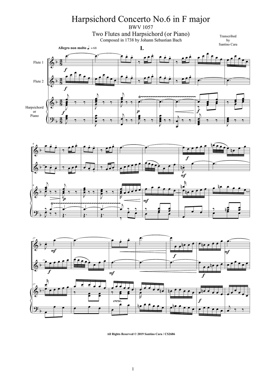 Bach - Concerto No.6 in F major BWV 1057 for Two Flutes and Harpsichord (or Piano) Flute Duet scores gallery preview page 1