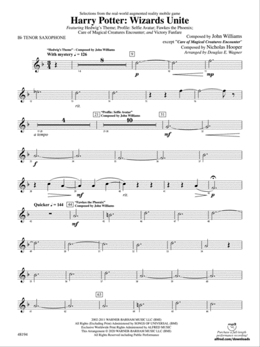 Harry Potter: Wizards Unite: B-flat Tenor Saxophone Concert Band scores gallery preview page 1