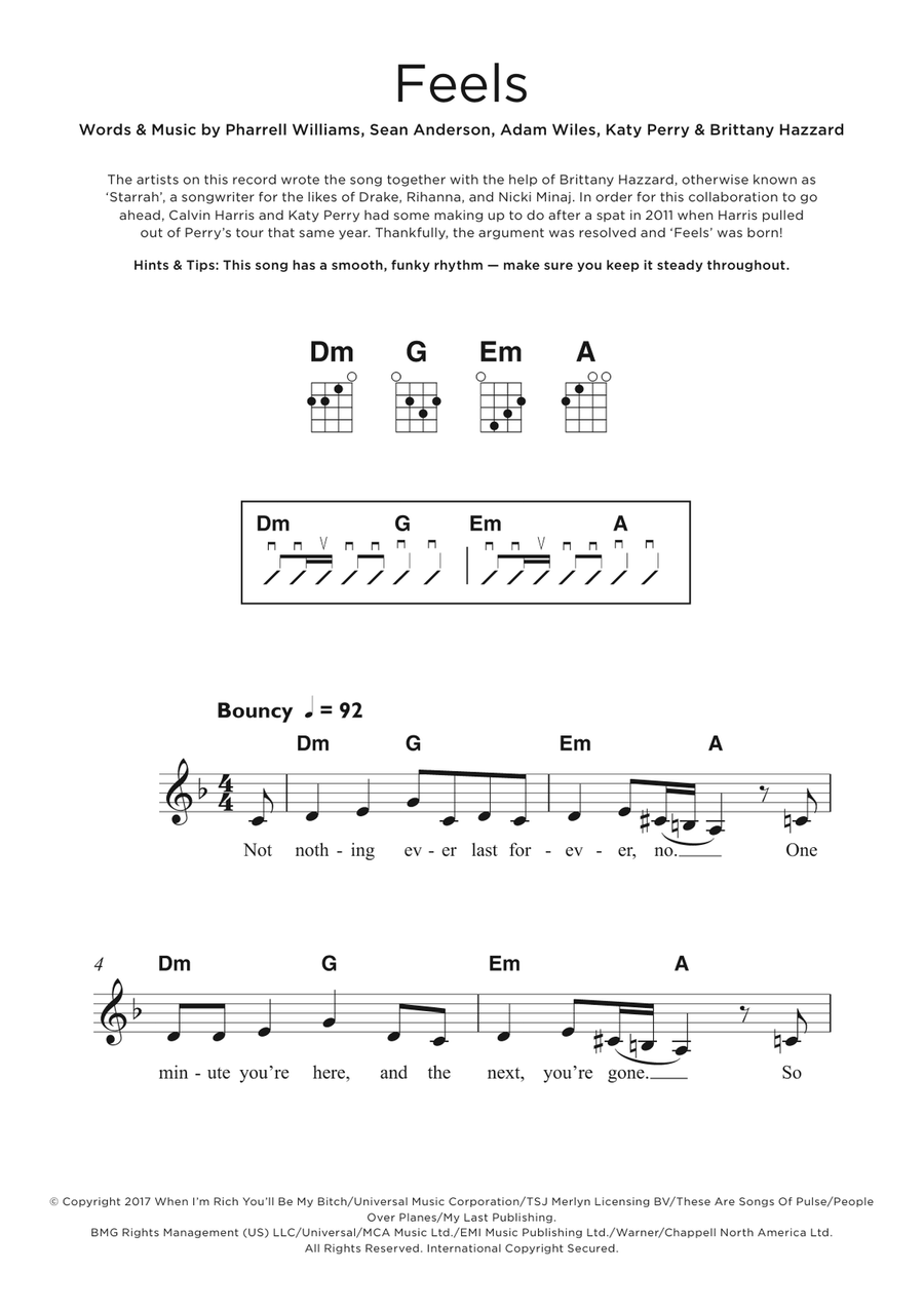 Feels (featuring Pharrell Williams, Katy Perry and Big Sean) Ukulele scores gallery preview page 1