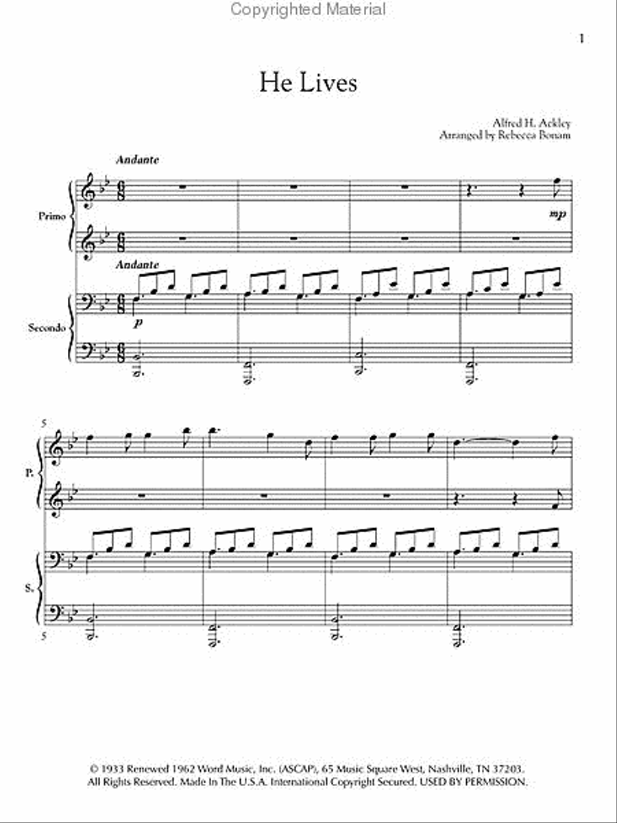 He Lives 1 Piano, 4-Hands scores gallery preview page 2