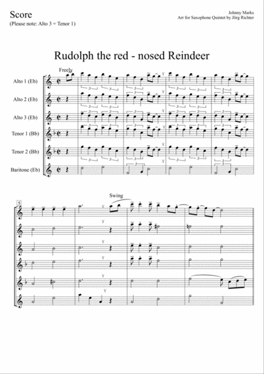Rudolph The Red-nosed Reindeer Saxophone Quintet scores gallery preview page 2