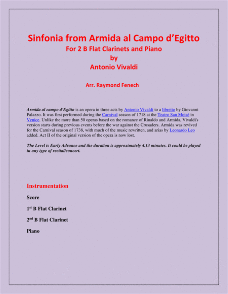 Sinfonia from Armida al Campo D'Egitto - 2 B Flat Clarinets and Piano - Early Advanced Clarinet Duet scores gallery preview page 2