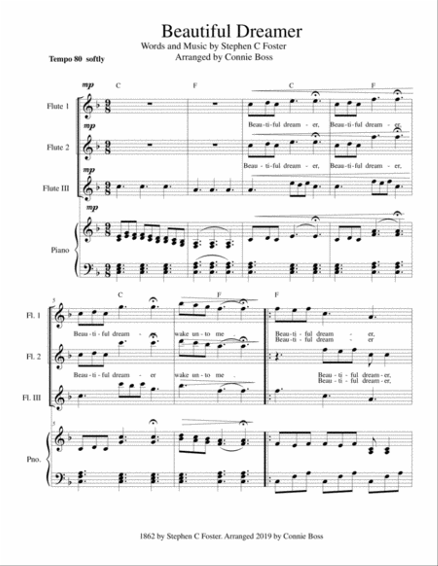 Beautiful Dreamer Key of F Flute Trio Small Ensemble scores gallery preview page 1