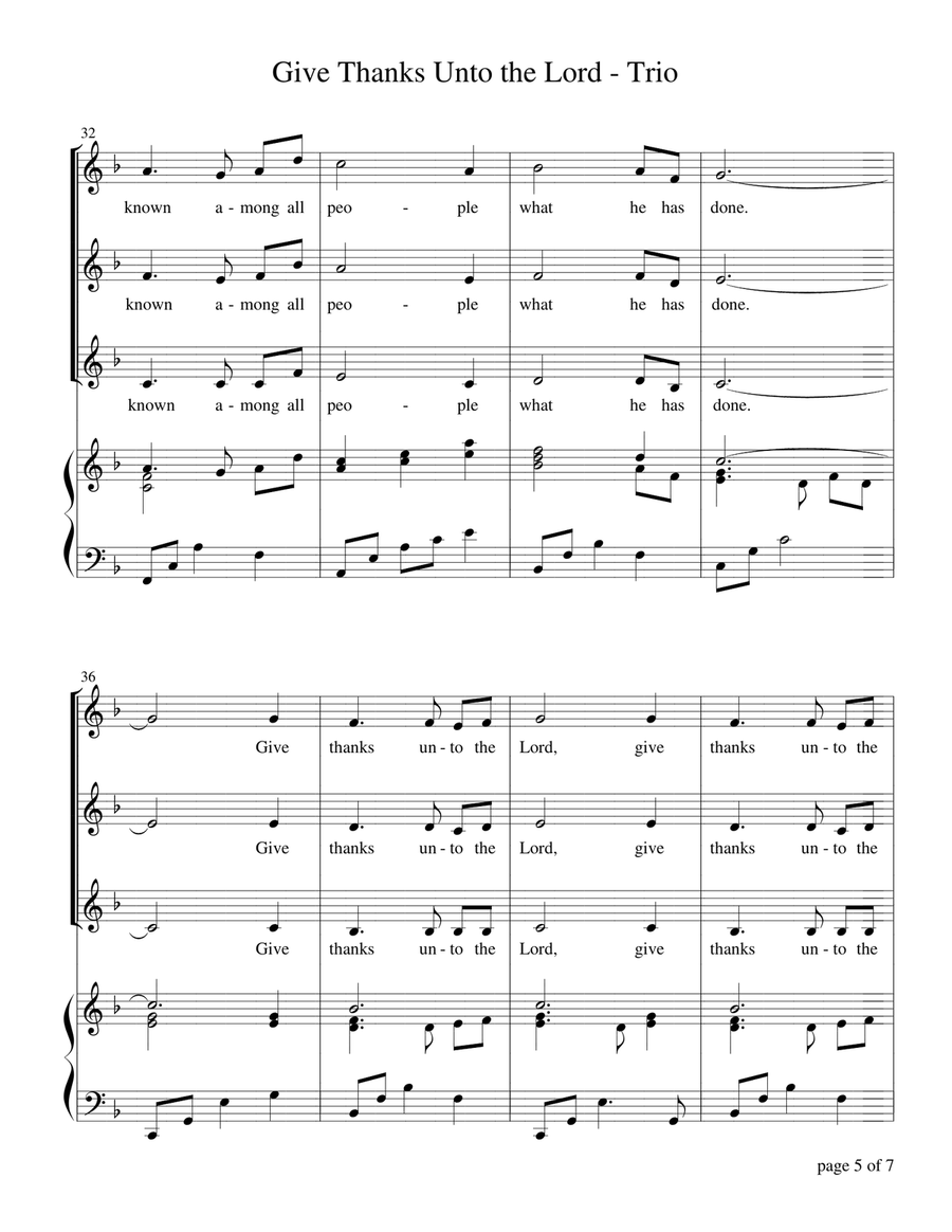 Give Thanks Unto the Lord (for SAA Trio with Piano Accompaniment) Small Ensemble scores gallery preview page 6