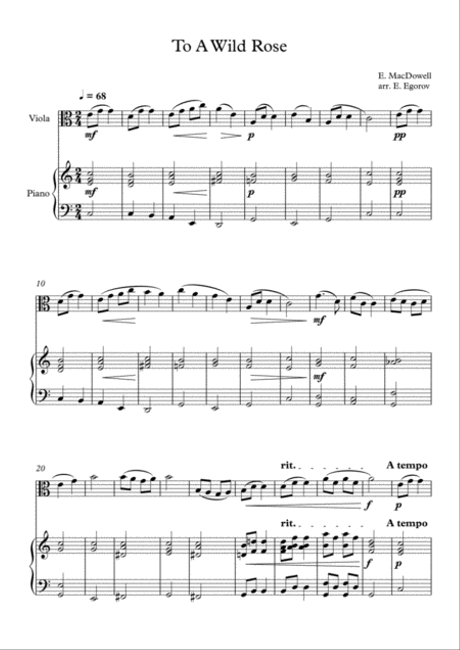To A Wild Rose, Edward MacDowell, For Viola & Piano Viola scores gallery preview page 1