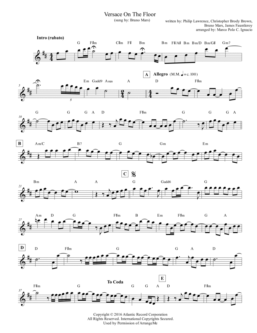 Versace On The Floor Piano scores gallery preview page 1