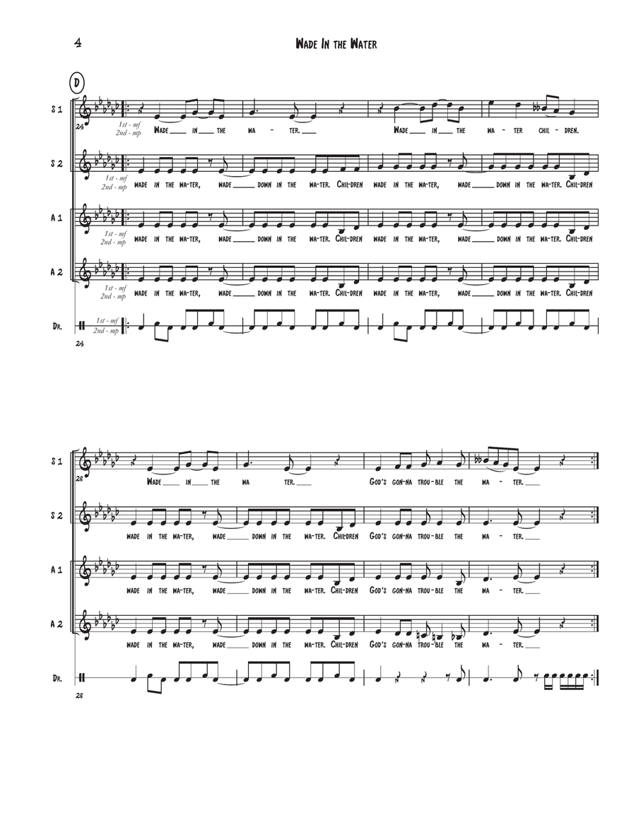 Wade In The Water - SSAA w/solo(s) & opt. Djembe unaccompanied SSAA scores gallery preview page 4