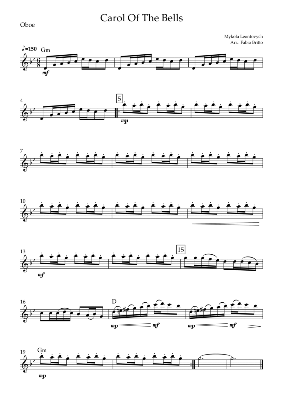 Carol Of The Bells (Mykola Leontovych) for Oboe Solo with Chords Oboe Solo scores gallery preview page 1