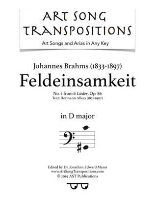 BRAHMS: Feldeinsamkeit, Op. 86 no. 2 (transposed to D major, bass clef)