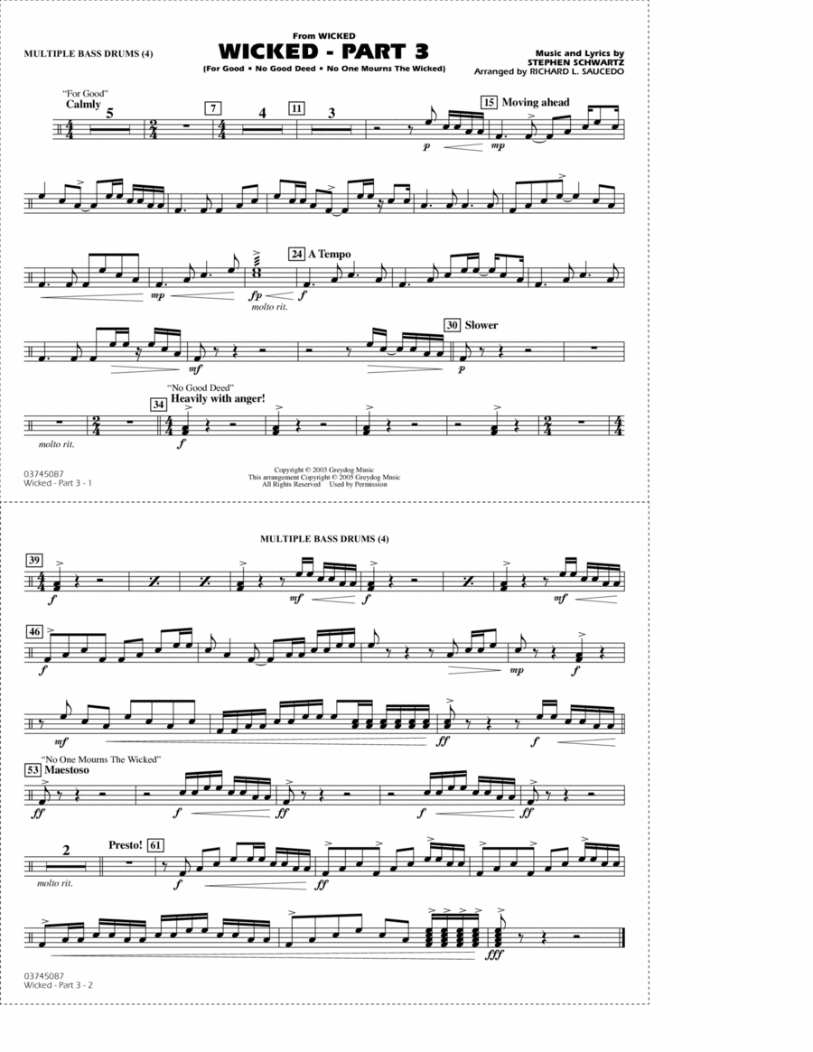 Wicked - Part 3 (arr. Richard L. Saucedo) - Multiple Bass Drums Marching Band scores gallery preview page 1