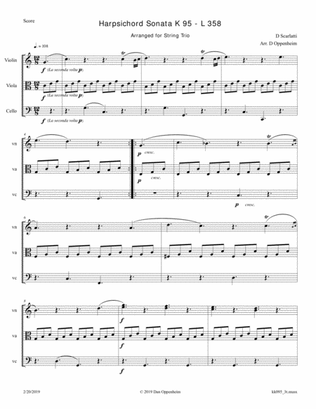 Harpsichord Sonata K 95 - L 358 arranged for String Trio