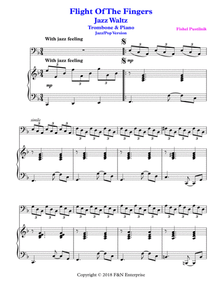 "Flight Of The Fingers"-Jazz Waltz-Piano Background for Trombone and Piano image number null