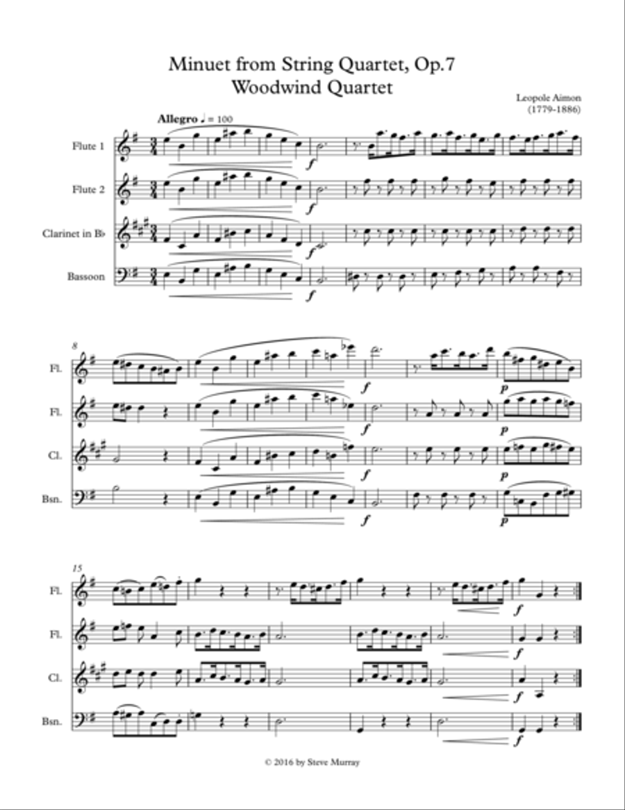 Minuet from String Quartet, Op 7 for Woodwind Quartet Woodwind Trio scores gallery preview page 1