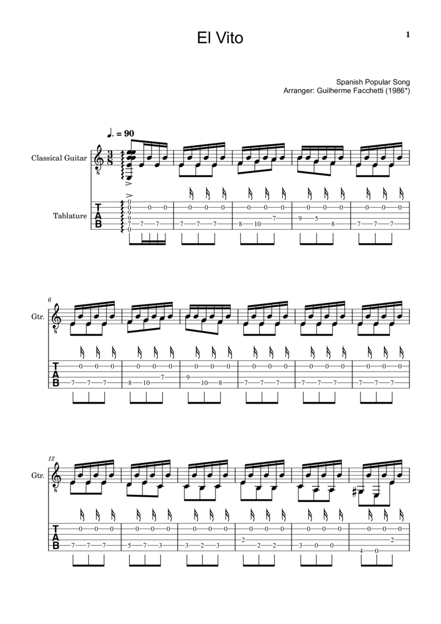 Spanish Popular Song - El Vito. Arrangement for Classical Guitar. Complete Score and Tablature. Acoustic Guitar scores gallery preview page 1