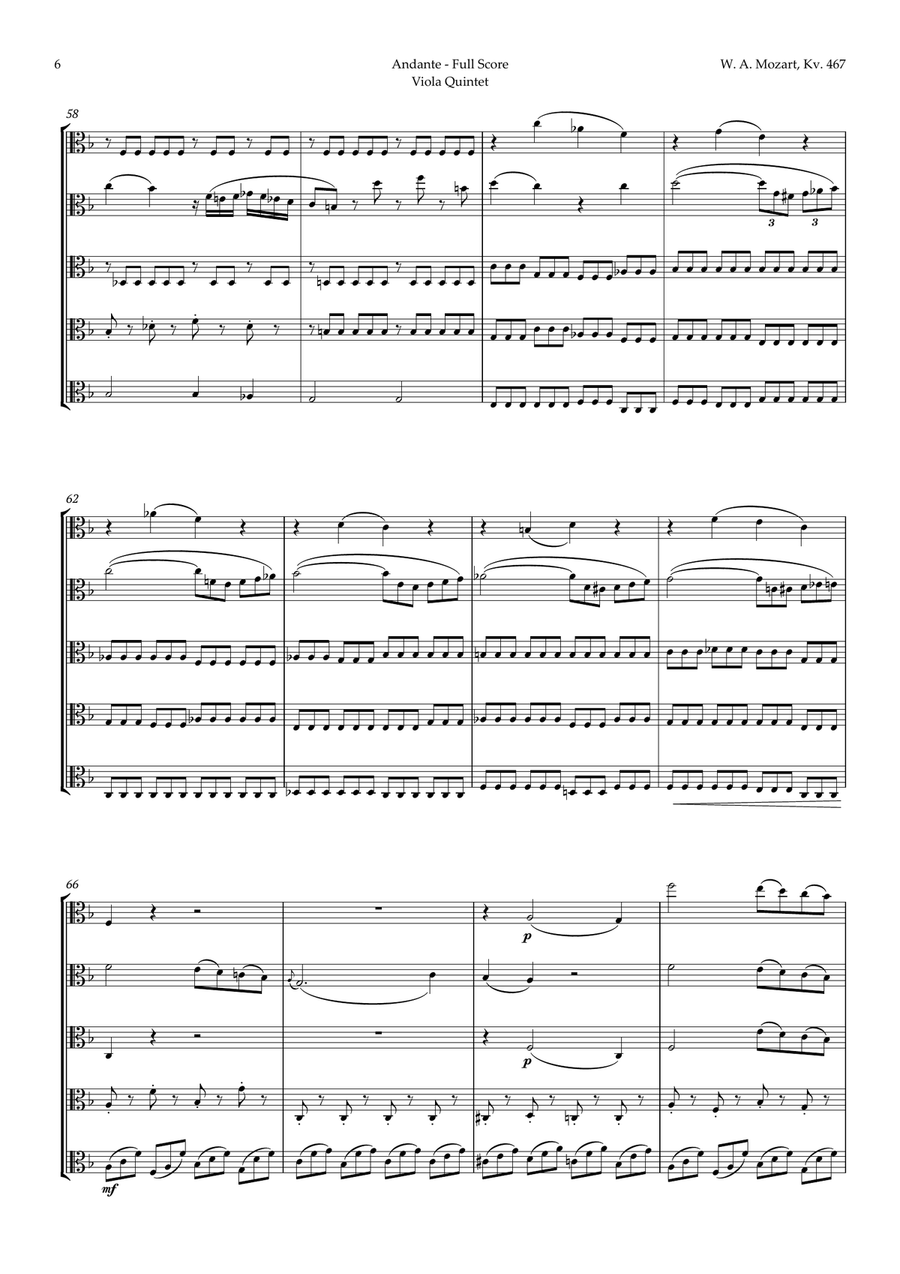 Andante from Piano Concerto No. 21 by Mozart for Viola Quintet String Quintet scores gallery preview page 6