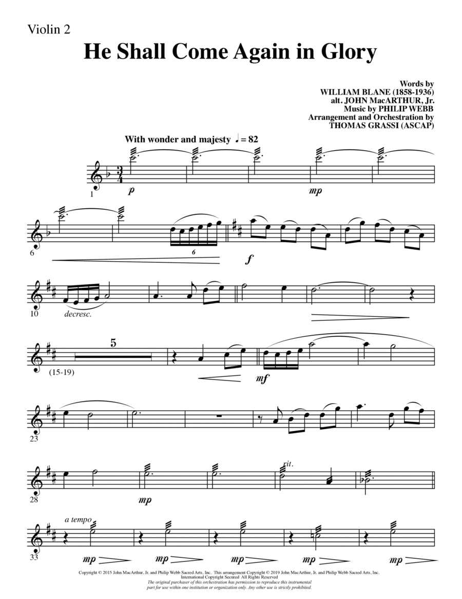 He Shall Come Again in Glory (arr. Thomas Grassi) - Violin 2 Choir scores gallery preview page 1