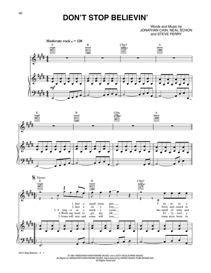 Don't Stop Believin' (from Rock of Ages) Piano, Vocal, Guitar scores gallery preview page 1