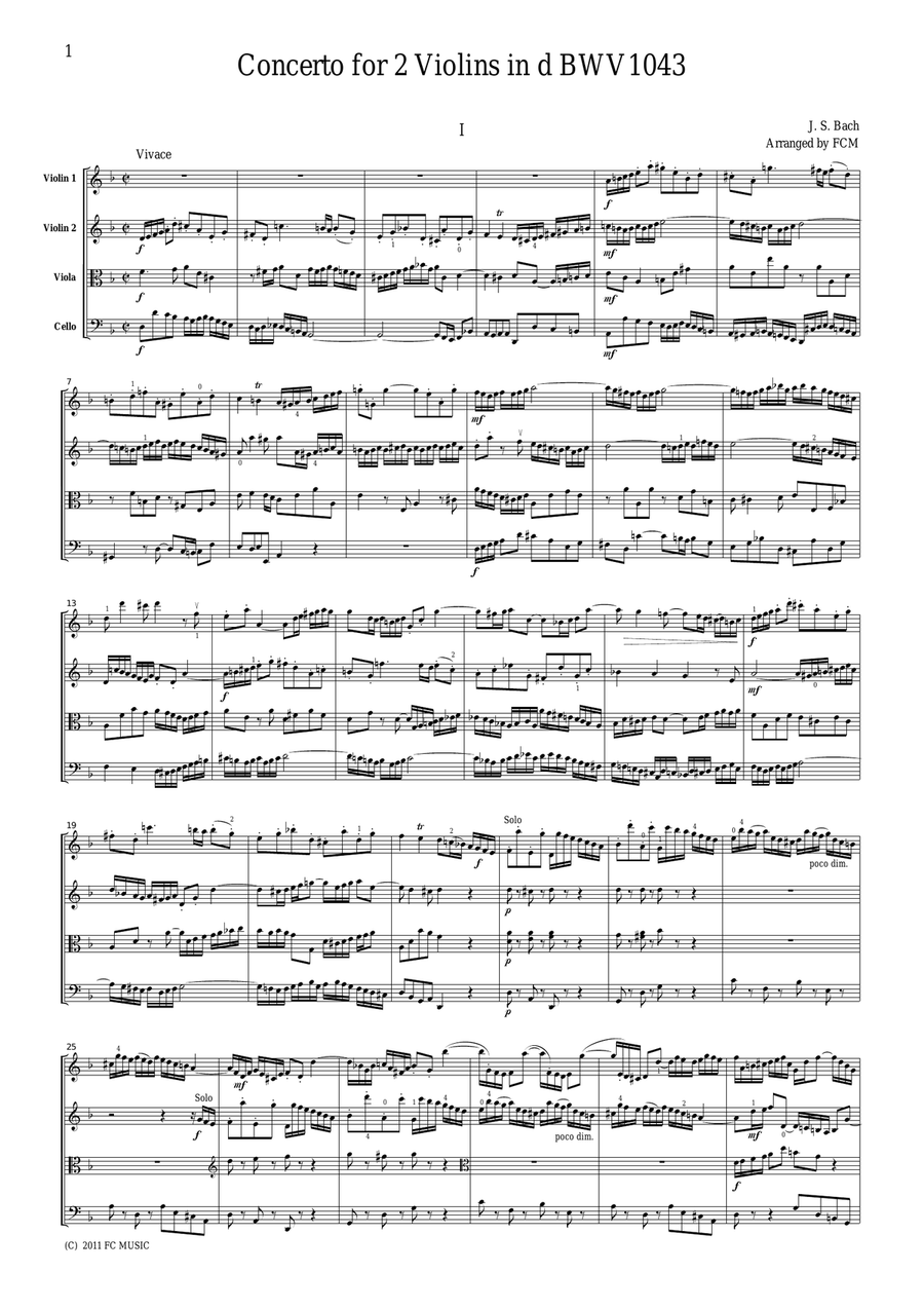 J.S.Bach Concerto for 2 Violins in d BWV1043, for string quartet, CB224 String Quartet scores gallery preview page 1