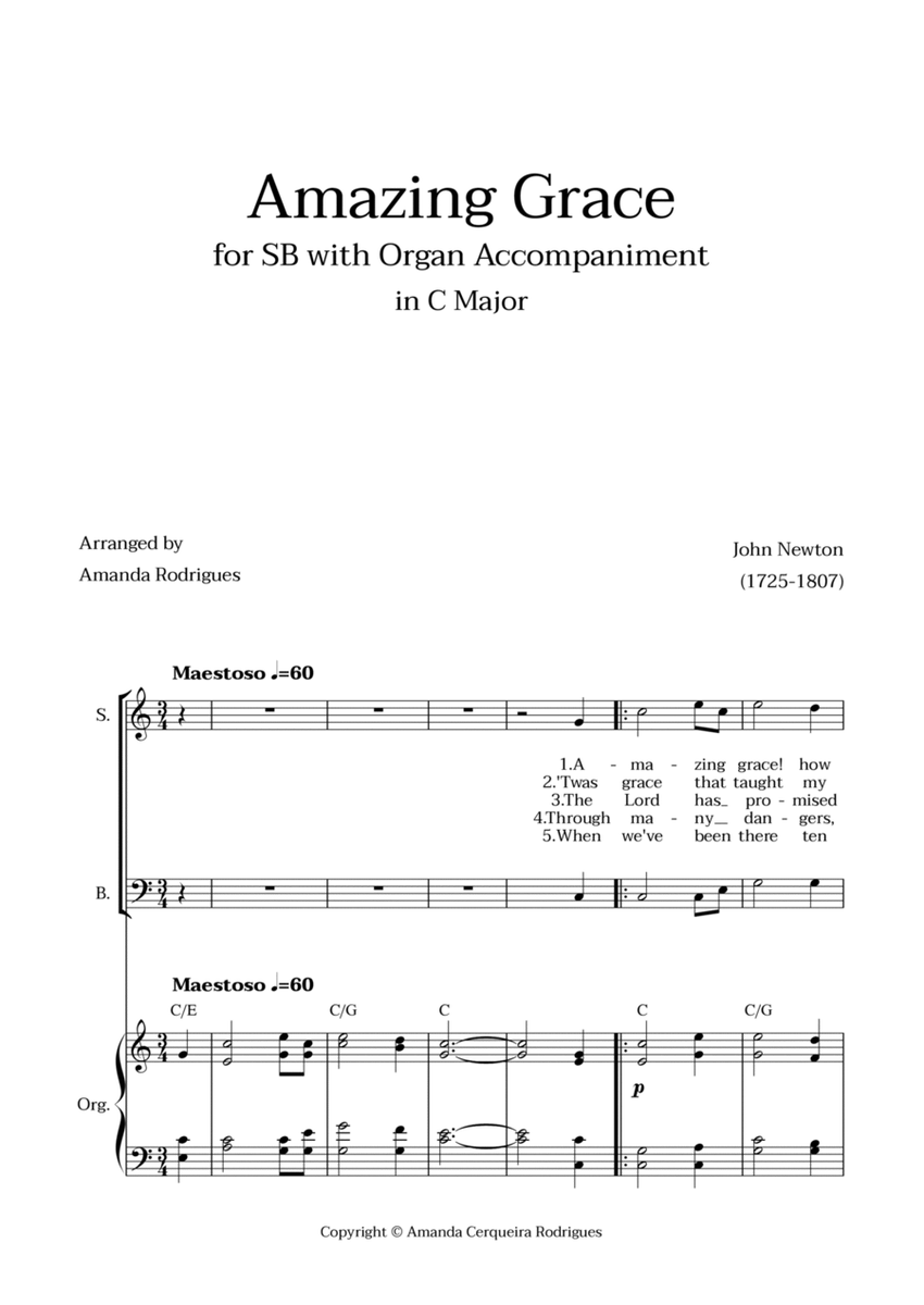 Amazing Grace in C Major - SATB with Organ Accompaniment and Chords image number null