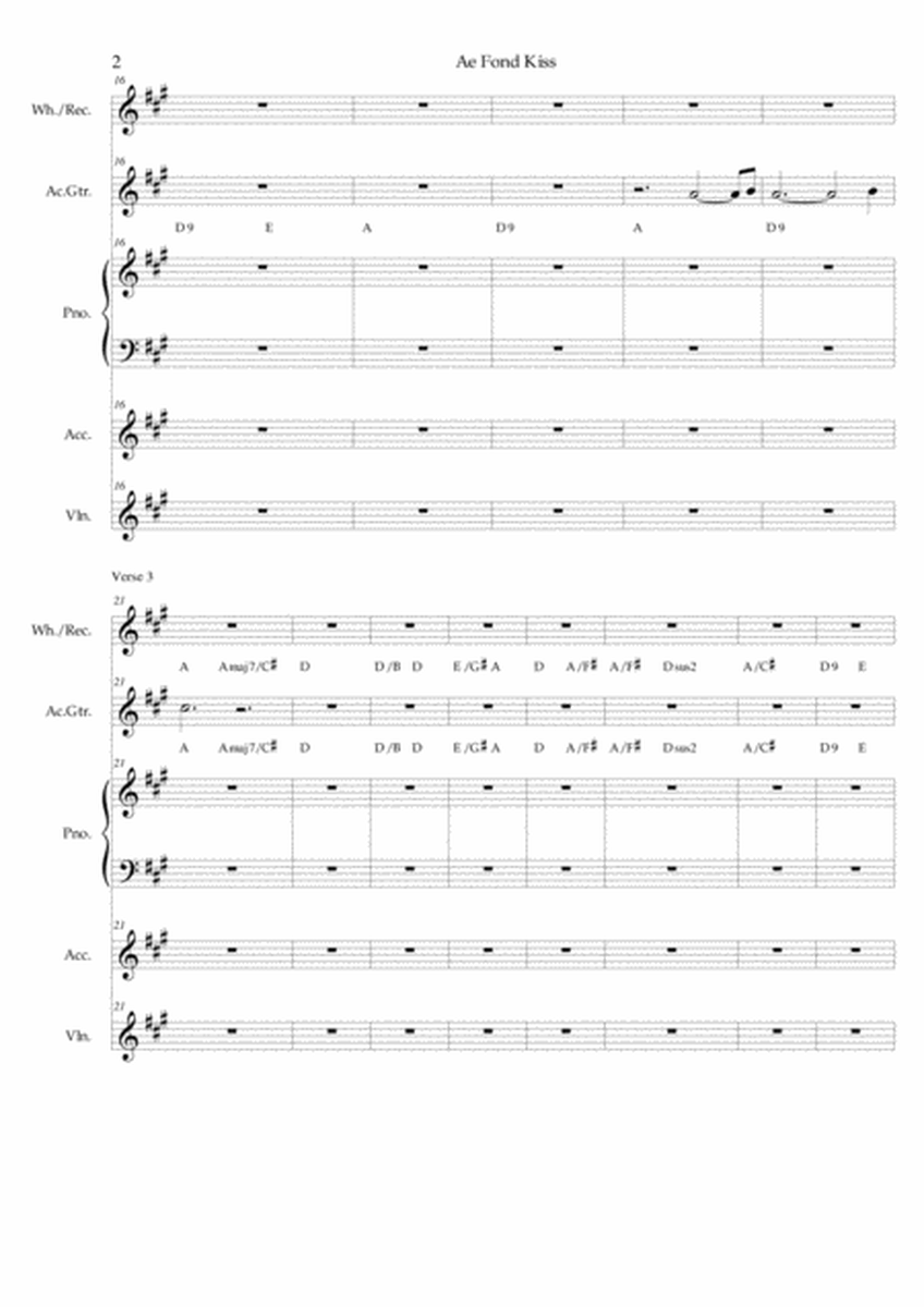 Ae Fond Kiss - arrangement for voice, piano, violin, whistle and optional guitar and accordion