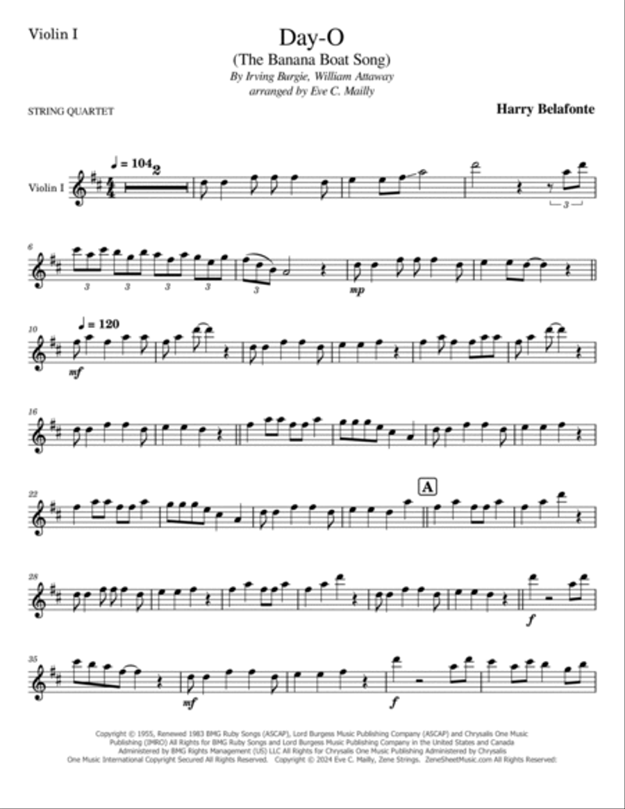 Day-o (the Banana Boat Song) String Quartet scores gallery preview page 6