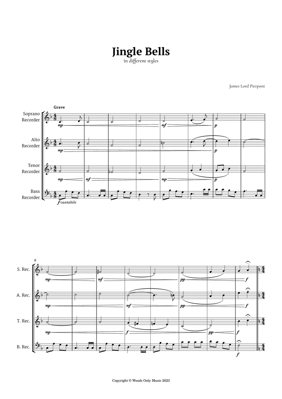 Jingle Bells in Different Styles for Recorder Quartet Soprano Recorder scores gallery preview page 1