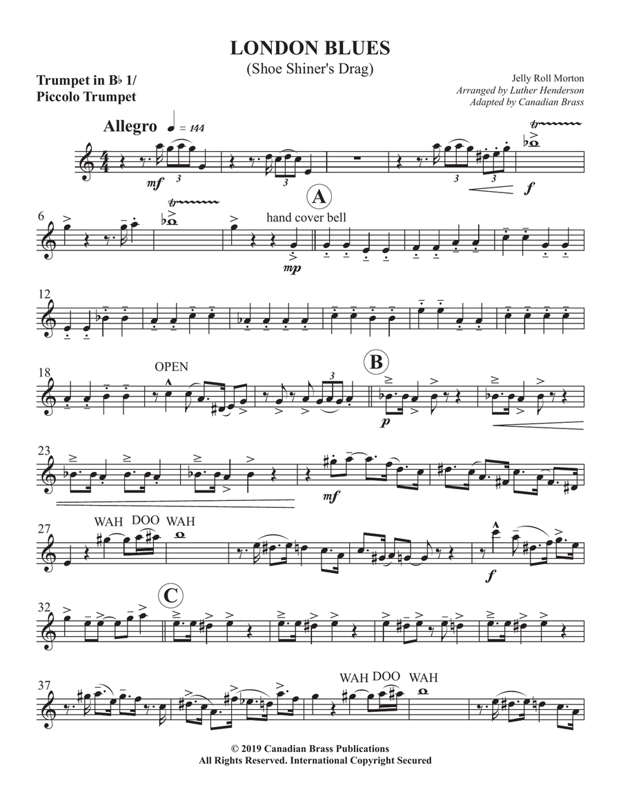 London Blues - Bb Trumpet 1 / Piccolo Tpt. Brass Quintet scores gallery preview page 1