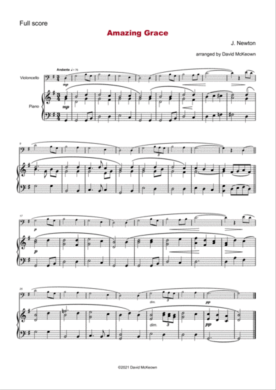 Amazing Grace, Gospel Hymn for Cello and Piano Piano scores gallery preview page 2