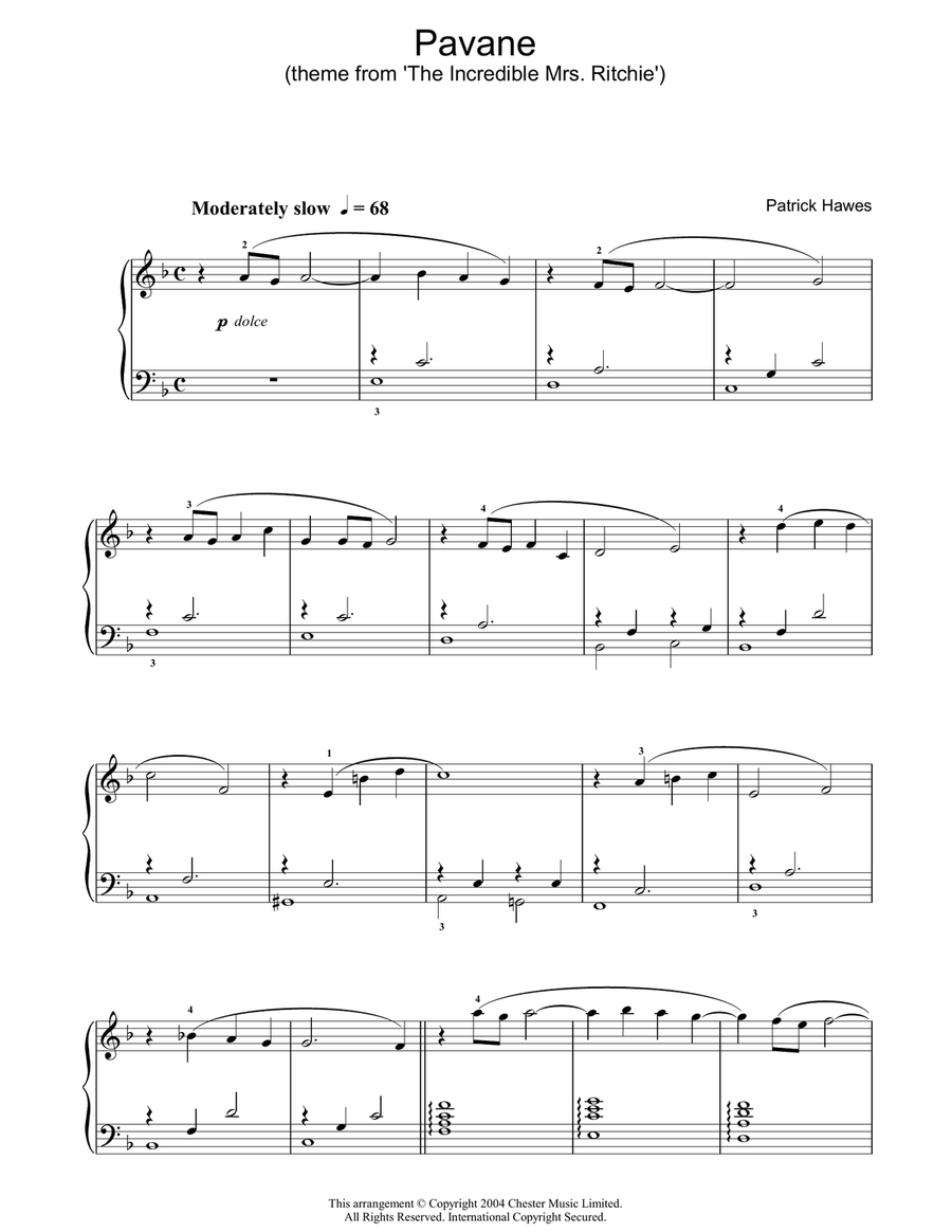 Pavane (theme from 'The Incredible Mrs Ritchie') Piano Solo scores gallery preview page 1