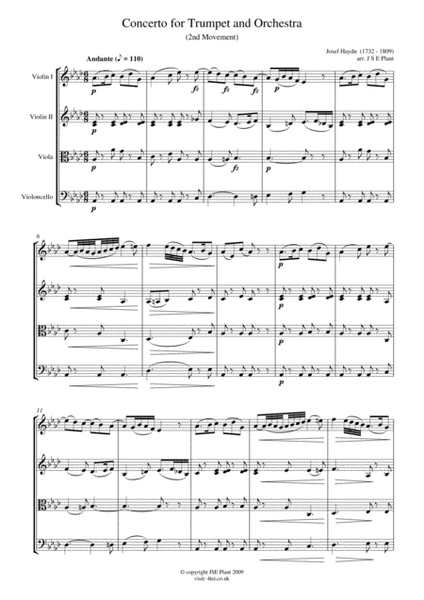 Haydn: Trumpet Concert in Eb Major (Mov 2) for String Quartet - Score and Parts