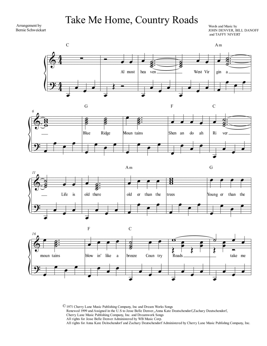 Take Me Home, Country Roads Piano, Vocal, Guitar scores gallery preview page 1