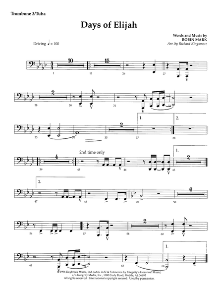 Days of Elijah (arr. Richard Kingsmore) - Trombone 3/Tuba