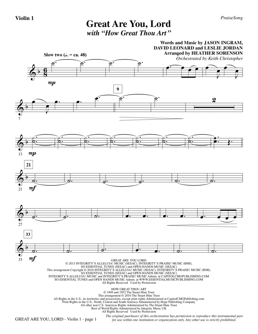 Great Are You Lord (with How Great Thou Art) - Violin 1 Choir scores gallery preview page 1