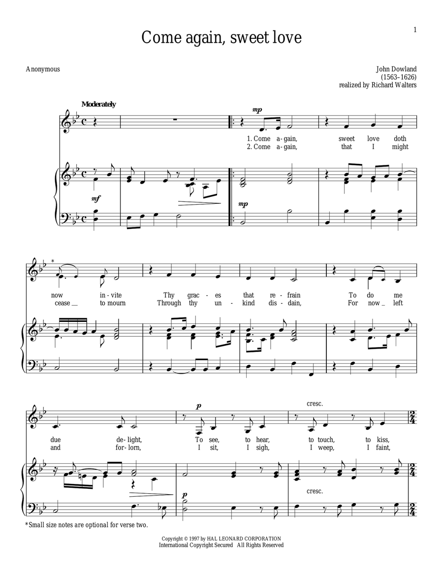 Come Again, Sweet Love (Dowland) Piano, Vocal scores gallery preview page 1