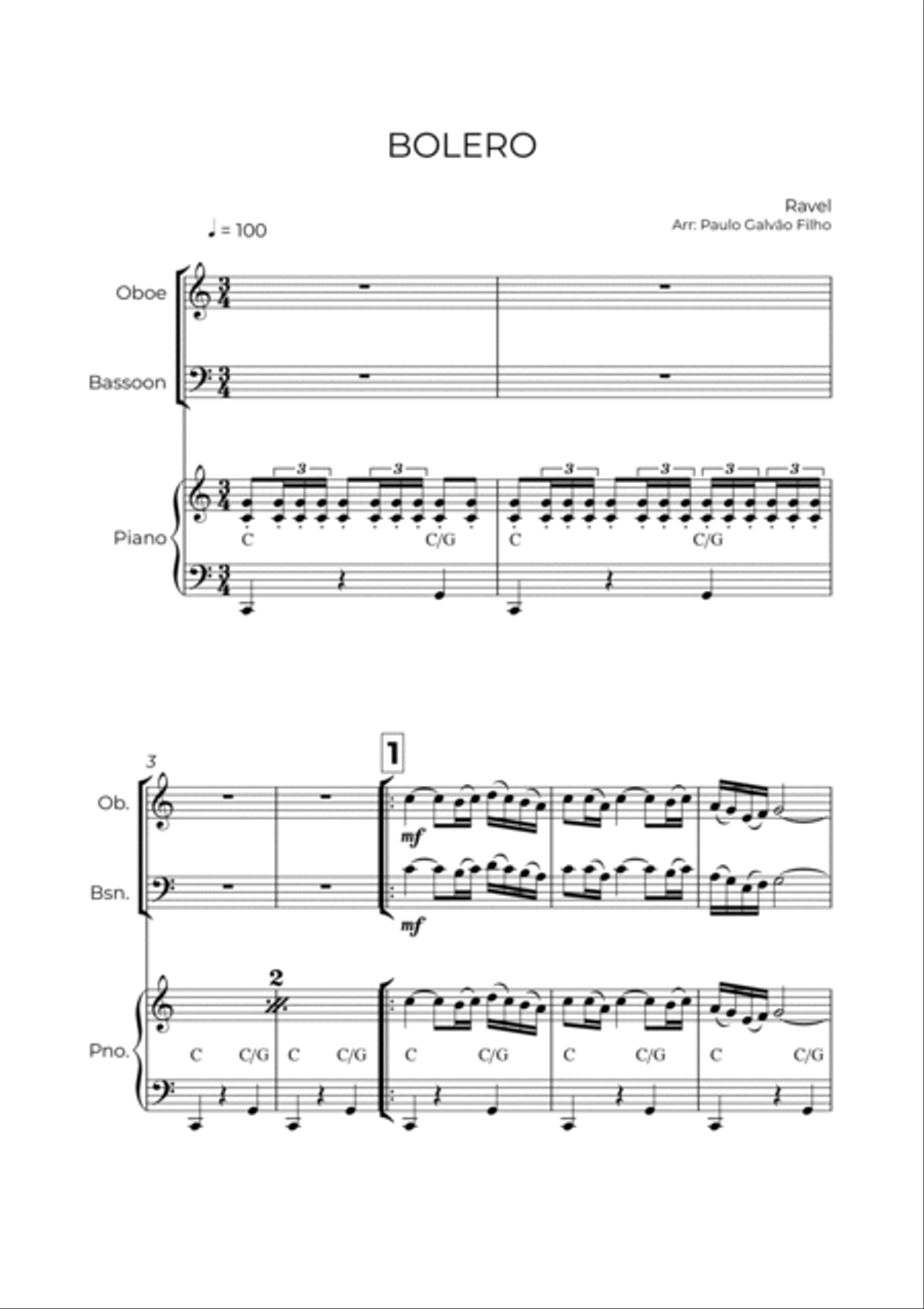 BOLERO - RAVEL - WIND PIANO TRIO (OBOE, BASSOON & PIANO) Bassoon scores gallery preview page 2