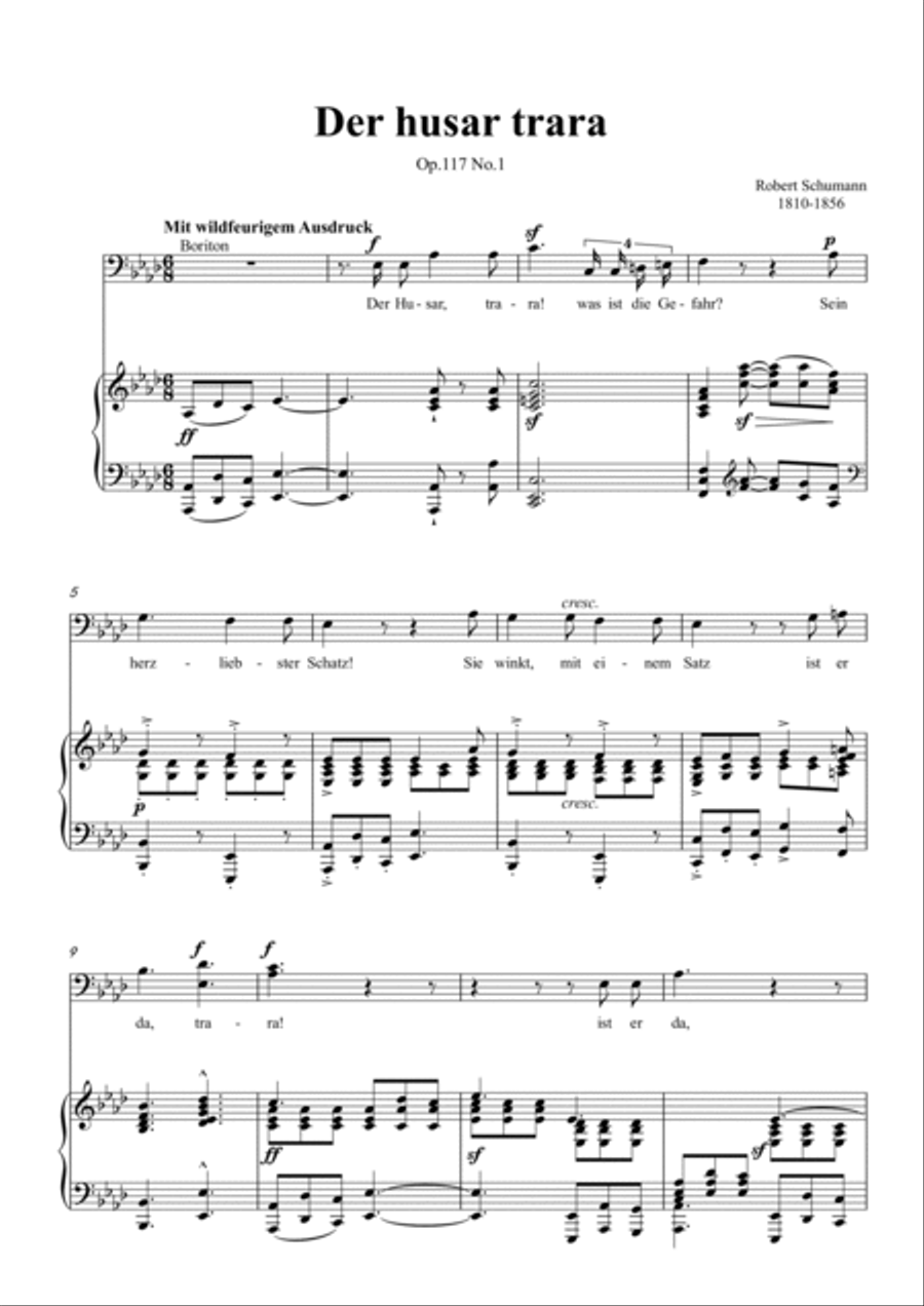 Schumann-Der husar trara Op.117 No.1 in A♭ Major for Voice and Piano Voice Solo scores gallery preview page 2