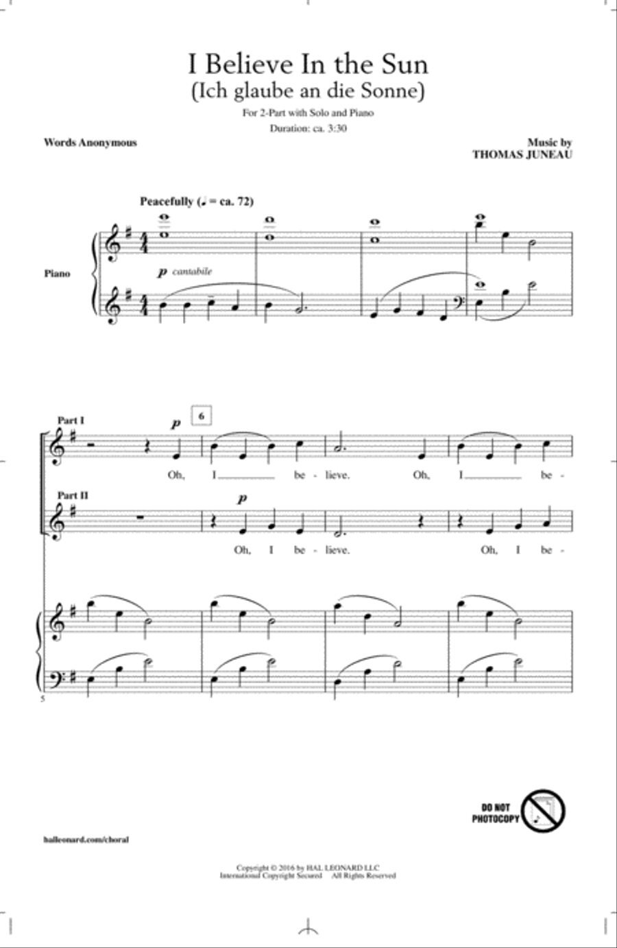 I Believe In The Sun (Ich Glaube An Die Sonne) 2-Part scores gallery preview page 1