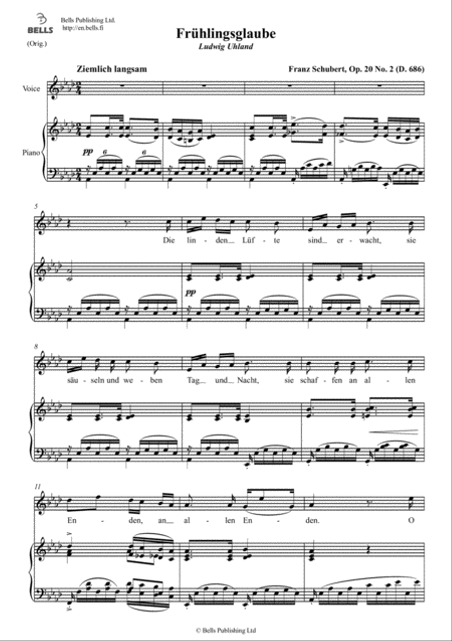 Fruhlingsglaube, Op. 20 No. 2 (D. 686) (Original key. A-flat Major) Voice Solo scores gallery preview page 1