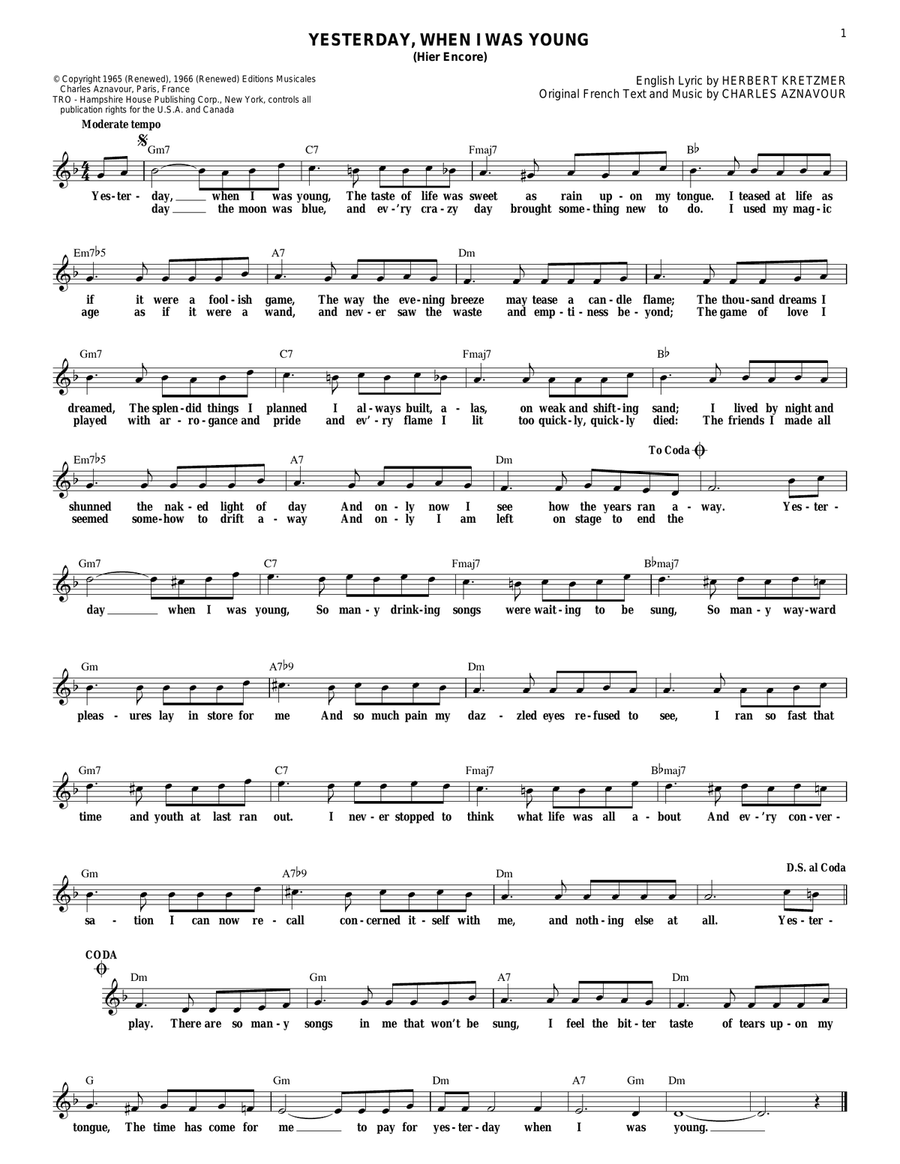 Yesterday, When I Was Young (Hier Encore) Guitar scores gallery preview page 1